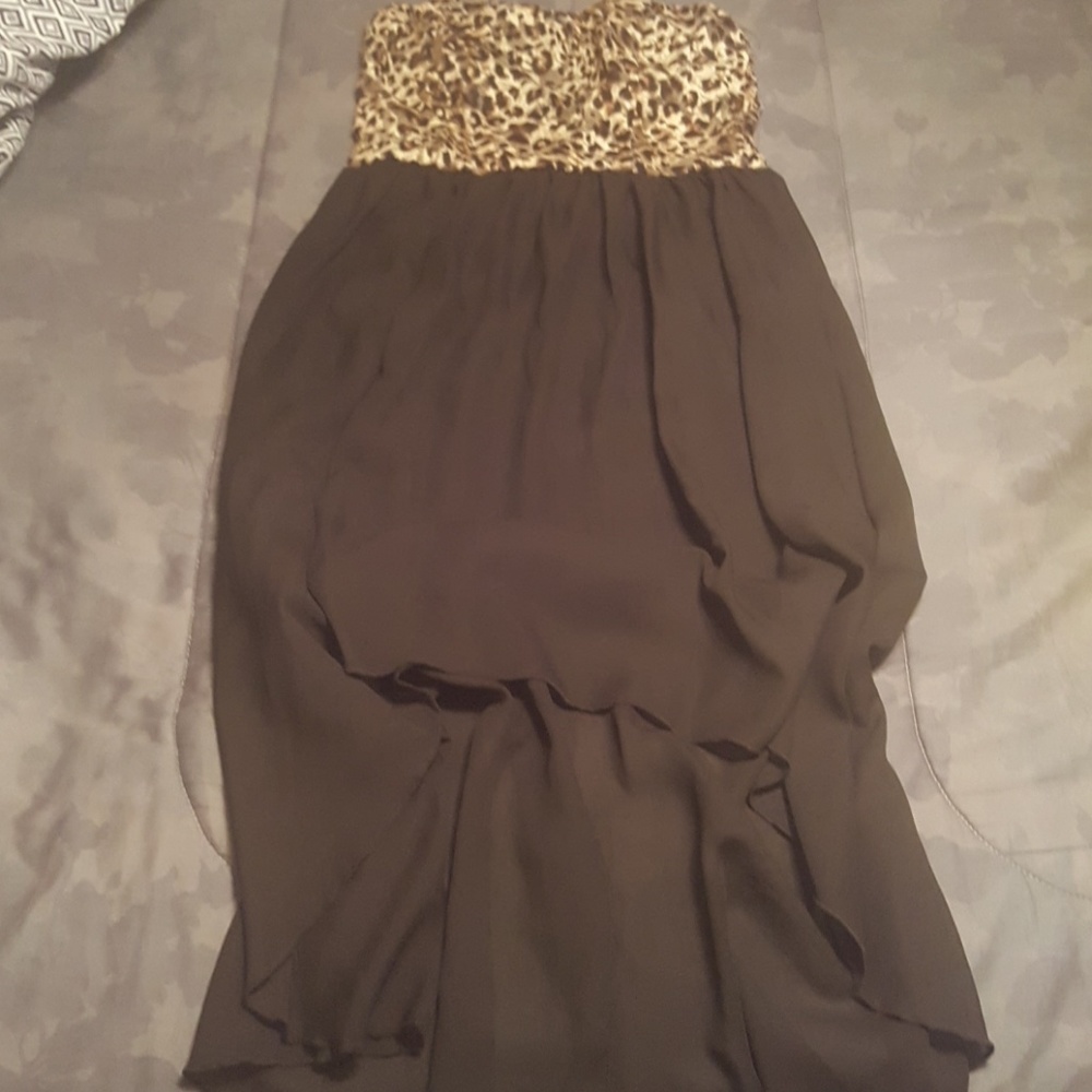high low black and leopard print strapless dress